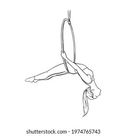 Circus acrobat balancing in the aerial ring. Gymnast in the hoop isolated in white background. Sketch vector illustration