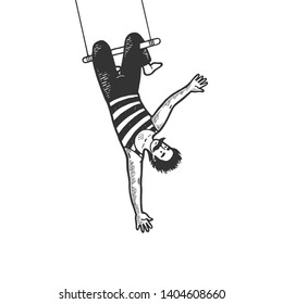 Circus acrobat hanging on trapeze performance sketch line art engraving vector illustration. Scratch board style imitation. Black and white hand drawn image.