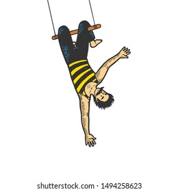 Circus acrobat hanging on trapeze performance color sketch line art engraving vector illustration. Tee shirt apparel print design. Scratch board style imitation. Black and white hand drawn image.