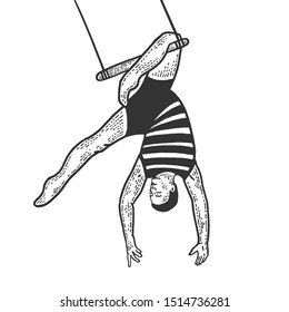 Circus acrobat hanging on trapeze performance sketch line art engraving vector illustration. Scratch board style imitation. Black and white hand drawn image.