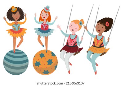 Circus acrobat on the ball on white background. Circus hand drawn vector illustration.