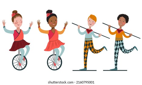 Circus acrobat on the bicycle on white background. Circus hand drawn vector illustration.