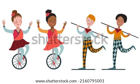 Circus acrobat on the bicycle on white background. Circus hand drawn vector illustration.
