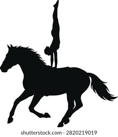 Circus acrobat on horse, equestrian stunt, silhouette.