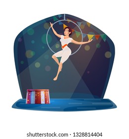 Circus acrobat woman on aerial hoop ring. Big top circus acrobatic gymnastics show performance on cartoon arena