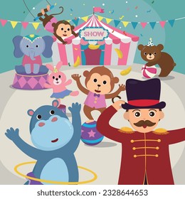 Circus acrobats juggler and animals.