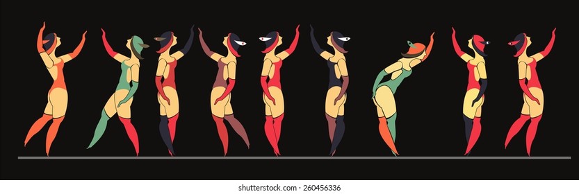 circus acrobats in suits in various poses on a black background