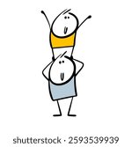 Circus act, acrobatic trick. Vector illustration of two people showing a performance. The Stickman stands on the shoulders of a friend.  Funny cartoon pyramid or teamwork. 