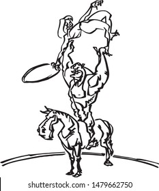 Circus act, strong man holding small lady above his head on horseback, line art illustration