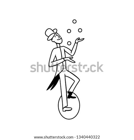 Circus Actor Line-Art Illustration. Man Unicycle Circus. Circus Juggler