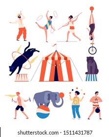 Circus actors. Clown and magician, juggler and balancer, strongman and gymnast, panther and bear. Circus show vector flat characters