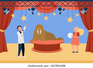 Zirkus-Schauspieler, die mit Walrus spielen. Trainer-Show mit wilden Tieren. Flache Vektorgrafik. Performance, Trick, Festivalkonzept für Banner, Website-Design oder Landing-Webseite