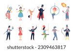 Circus actors, show artist and mime. Clowns, flat carnival festival characters. Street theater performer, people in costumes recent vector set