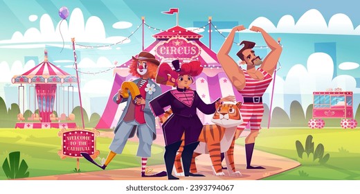 Actores de circo en el parque temático. Dibujo vectorial de payaso disfrazado, tamer femenino con tigre y hombre fuerte invitando a los invitados a celebrar el carnaval, carrusel retro, puesto de palomitas de maíz, fondo de la ciudad