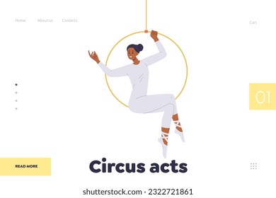 Circus acts landing page design template with charming beautiful woman aerial gymnast on hoop