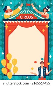 Circus advertising poster with juggler and air balloons vector illustration