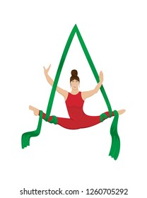 Circus aerial gymnast on the canvases. Flat vector illustration.