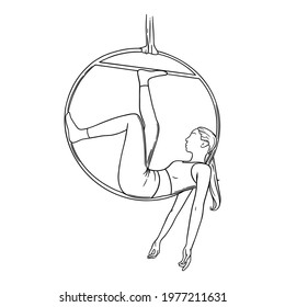 Circus aerialist in the hoop. Aerial woman acrobat in the ring. Sketch vector illustration
