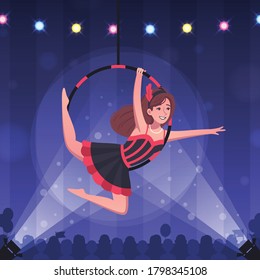 Circus air gymnasts cartoon background with public performance symbols vector illustration