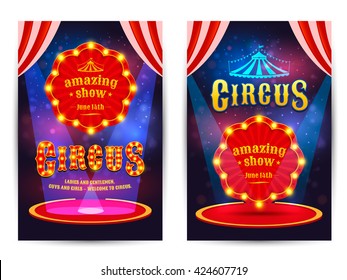 Circus amazing show poster template with light frame. Circus arena. Vector illustration svg