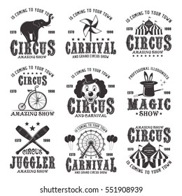 Circus amazing show set of vector black emblems, labels, logos and typographic stamps in vintage style isolated on white background