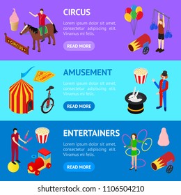 Circus Amusement and Attraction Banner Horizontal Set Isometric View Include of Rrabbit, Hat, Cannon, Train, Popcorn, Acrobat, Elephant and Ticket. Vector illustration