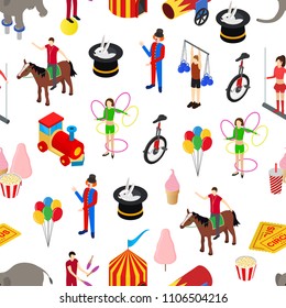 Circus Amusement and Attraction Seamless Pattern Background on a White Isometric View Include of Rrabbit, Hat, Cannon, Train, Popcorn, Acrobat, Elephant and Ticket. Vector illustration