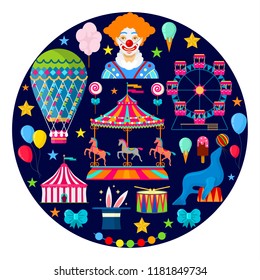 Circus and amusement icons in flat style on dark background