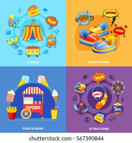 Circus amusement park 4 flat icons square composition abstract isolated vector illustration