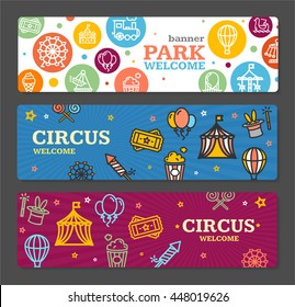 Circus Amusement Park Banner Card Tickets Horizontal Set on Grey Background. Vector illustration