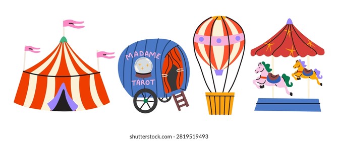 Circus and amusement park element set, big top tent, hot air balloon, carousel and fortune teller wagon vector illustration