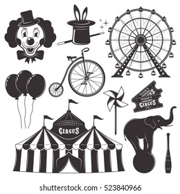 Circo y parque de atracciones con serie de naves de hierro, objetos vectoriales negros, siluetas, iconos y elementos de diseño aislados en fondo blanco