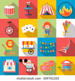 Circus and amusement park flat icons set. With clown, lion, fire ring, drum, tent, acrobat, strong man etc