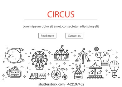 Circus or amusement park horizontal banner with linear icons set, vector illustration. Modern show template of thin line logo, signs, symbols, pictograms