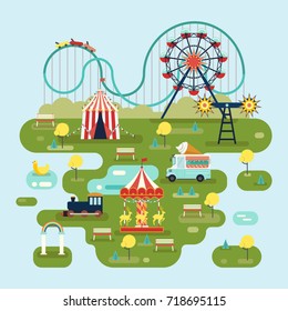 Circus or amusement park map with roller coaster and ferris wheel, ice cream car and train, merry go round, Children or kid holiday place with carousels and attraction. Family leisure theme