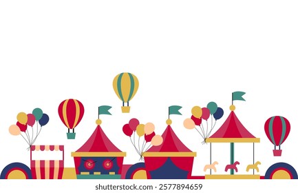 Circus. Amusement park at night. Carnival circus tent, carousel and candy cotton booth. Festive fair entertainment attractions. Cartoon vector illustration