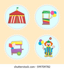 Circus and Amusement Park Stickers in Cartoon Style. Cute patch badges with circus tent, box office, candy cart and funny clown. Vector illustration.
