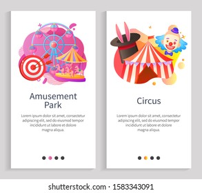 Circus and amusement park vector, ferris wheel attraction for kids, clown and bunny ears in hat, tricks and fun time relaxation, dartboard aim. Website or slider app, landing page flat style
