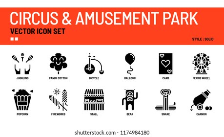 Circus and amusement park vector icon set.