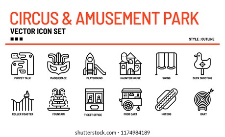 Circus and amusement park vector icon set.