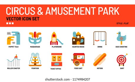 Circus and amusement park vector icon set.
