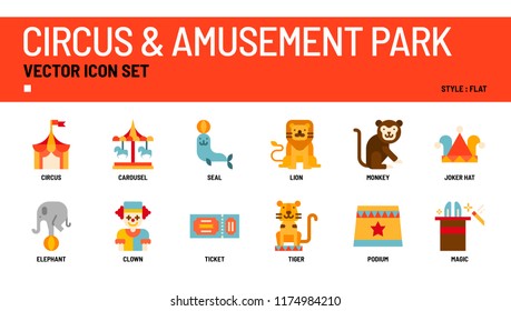 Circus and amusement park vector icon set.