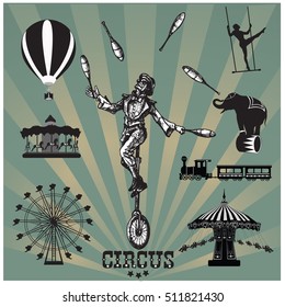 Circus and amusement park vector illustrations. Juggler on unicycle