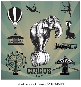 Circus and amusement park vector illustrations. Elephant.