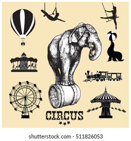 Circus and amusement park vector illustrations. Elephant.