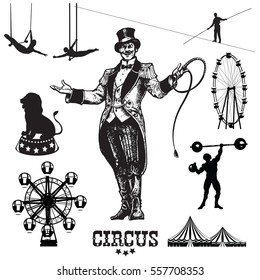 Circus and amusement park vector illustrations. Showman