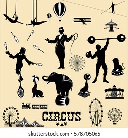 Circus and amusement  park vector illustrations set . 