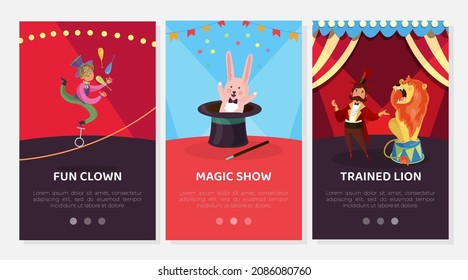 Circus Amusement Show with Clown, Magic and Trained Lion Vector Banner Template