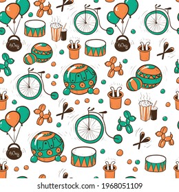 Circus and amusement vector illustration pattern. Doodle style drawing on white background