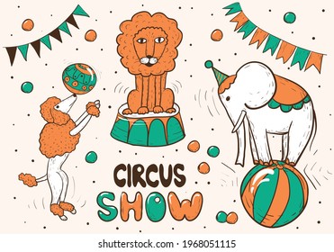 Circus and amusement vector illustrations set. Doodle style drawing